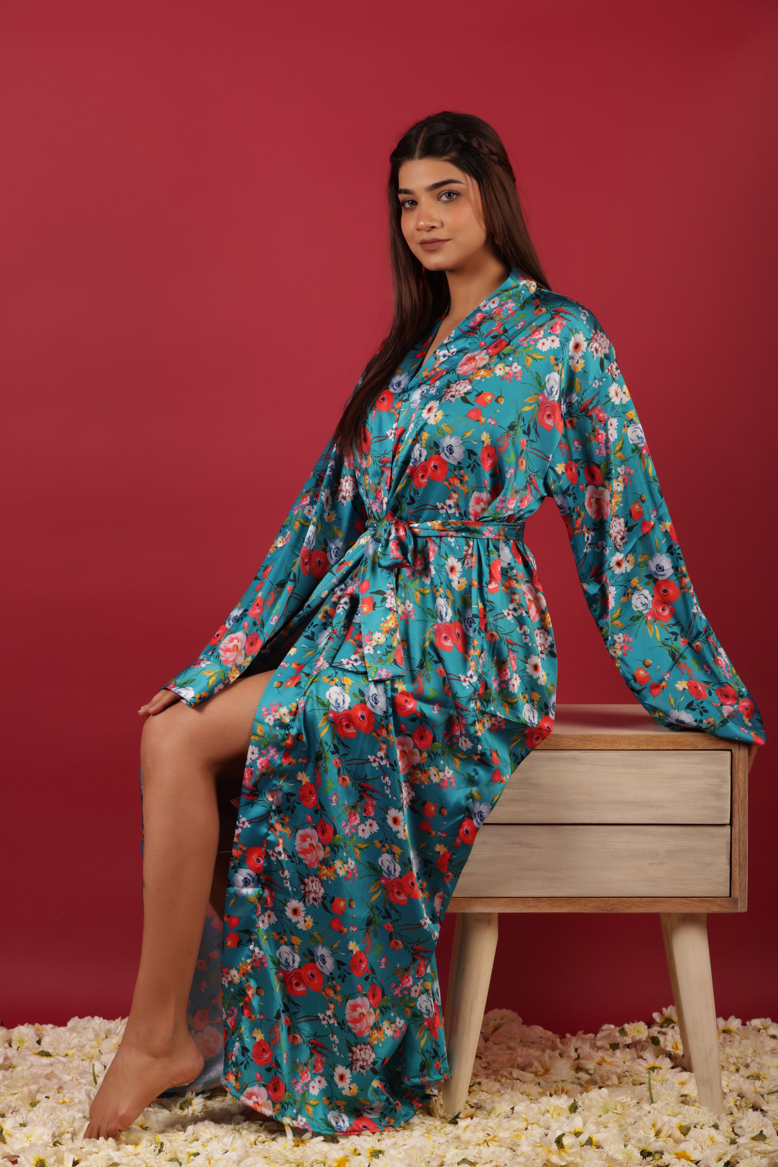 Ethnic Floral Printed Satin Kimono Long Robe